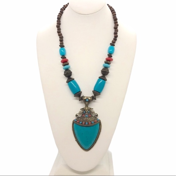 Summer Bohemian Statement Turquoise Wood Necklace - Picture 1 of 16
